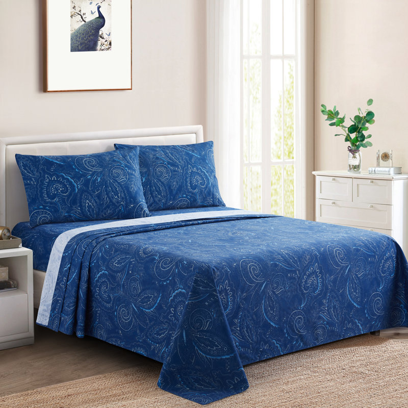 Ensemble de draps en coton imprimé à motif de cachemire pour grand lit 4 pièces Marina