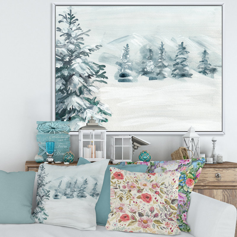 Snowy Pine Trees - Paysages, art mural, Toile blanche encadrée, H 16 po x l 32 po x p 1 po