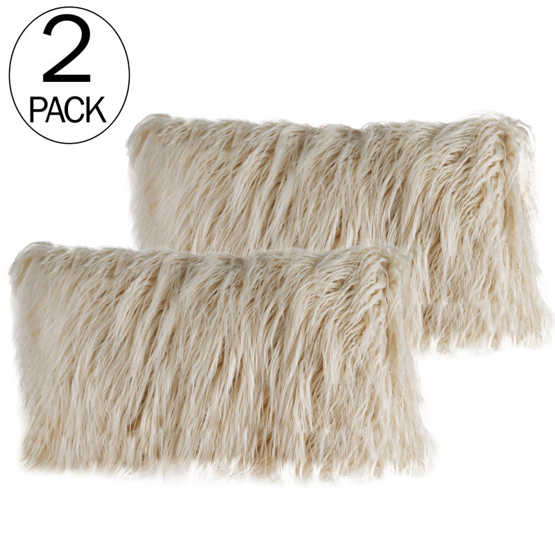 BUND163 12x20 Plush Lumbar Faux Fur Pillows – 2-Pack Decorative Pillow Insert and Shag Cover Set for Bedroom, Living Room, or Office