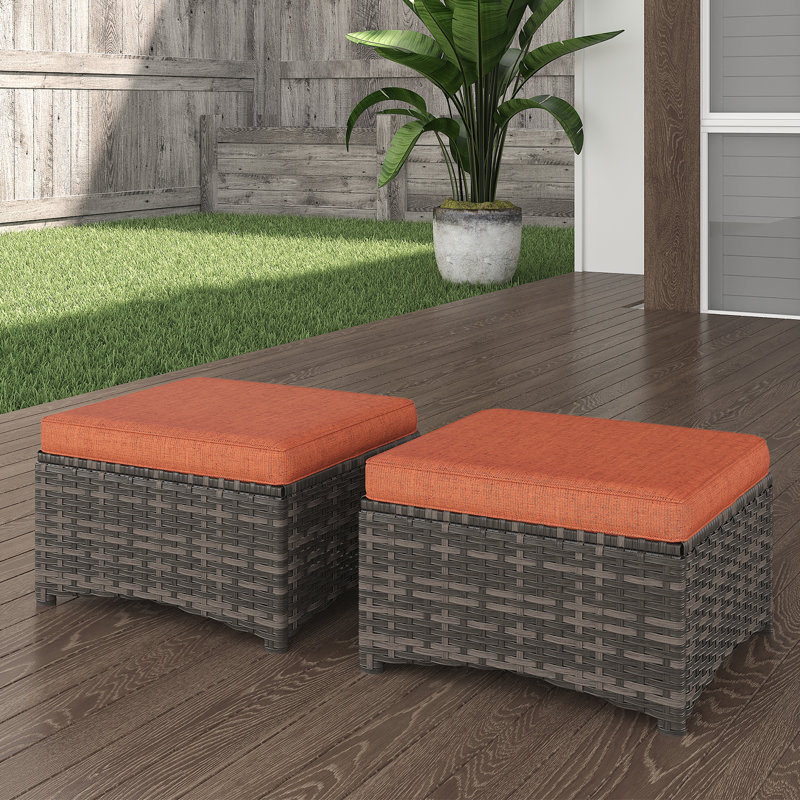 Ensemble de 2 repose-pieds d'extérieur en rotin tissé à la main avec coussins élastiques - Multifonctionnel pour la terrasse, le jardin et la cour