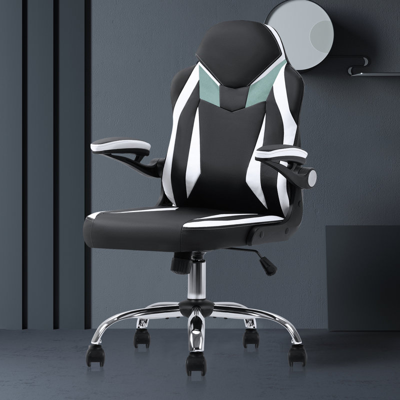 The Twillery Co.® Jelisaveta Adjustable Swiveling PC & Racing Game Chair, Black/White/Teal