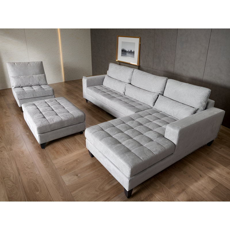 Begraj Upholstered L-Shaped Sectional, Light Gray Microfiber/Microsuede, Right Hand Facing
