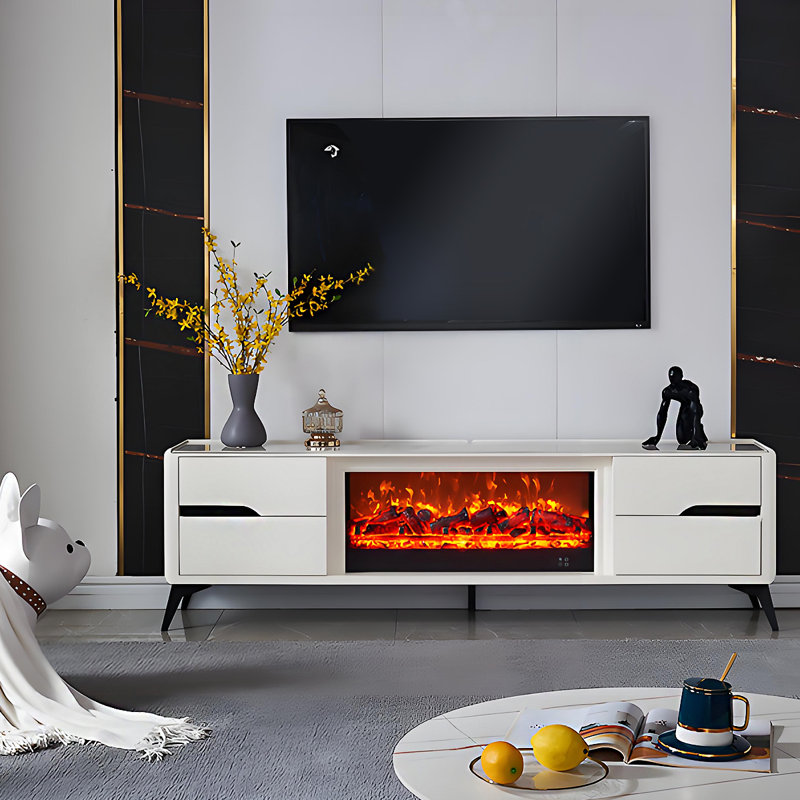Dessus en pierre 78,74 po de style moderne minimaliste en bois fritté blanc, pieds surélevés, meuble télé avec foyer à flamme chauffante simulée en 3D et armoire décorative pour tout-en-un