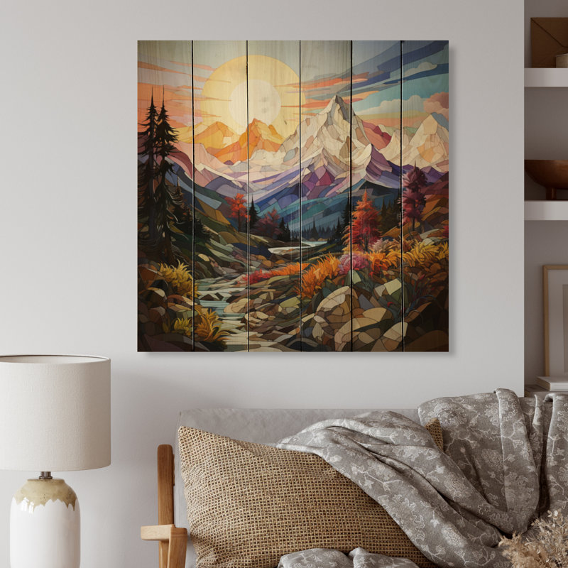 Montagnes colorées, pics pointus I - reproduction abstraite sur bois de pin naturel, H 30 po x l 30 po x P 0,78 po