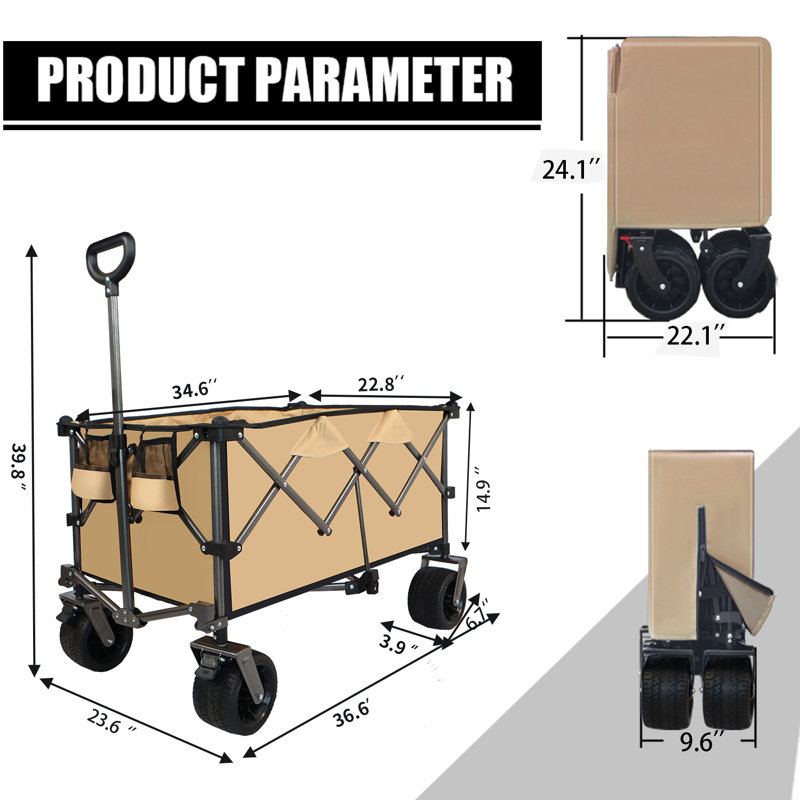 Chariot de plage pliable d'une capacité de poids de 190 lb, Brun