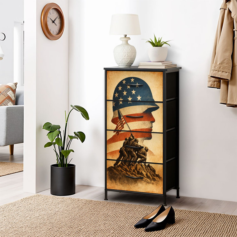 Commode 4 tiroirs pour chambre à coucher, commode étroite, plateau en bois et structure de bureau en fer 18 po x 37,5 po - (l x H) - avec motif de silhouette de soldat américain