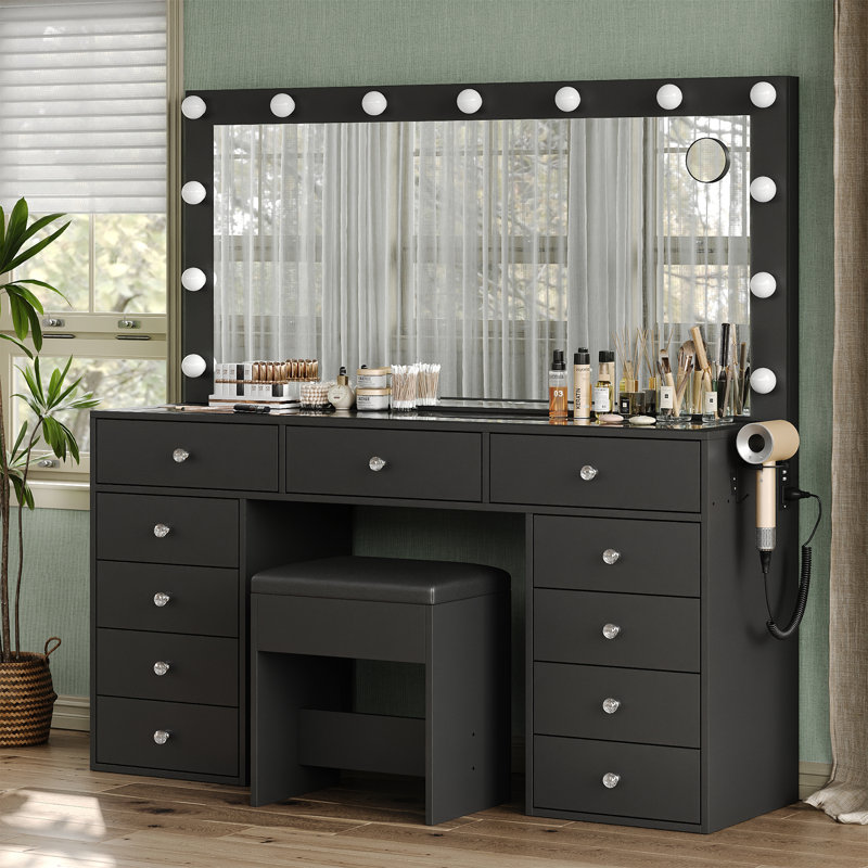 Makeup Vanity With Mirror And Lights, 3 Lighting Modes, Vanity Desk With Power Outlet, 11 Drawers Vanity Table, Fold-Up Pane Dressing Table Set