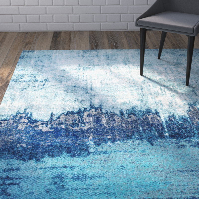 Gleno Abstract Waterfall Power Loom Performance Blue Rug, Rectangle 6'7" x 9'