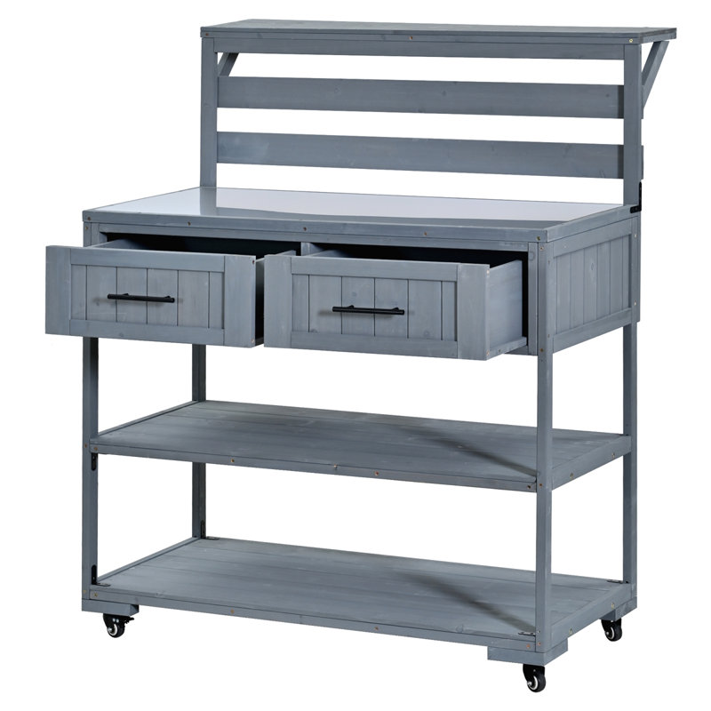 Chariot de cuisine en bois massif avec plateau en acier inoxydable 62,3 po, Gris