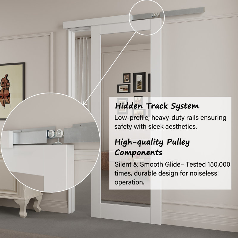 80" Hidden Style Track White Primed 1-Lite Glass Mirrored Sliding Barn Door With Hardware Kit(No Assembly Required), Standard