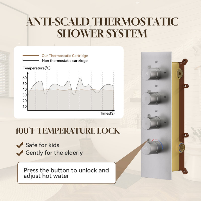 Système de douche thermostatique mural 12 "avec valve brute, Nickel brossé