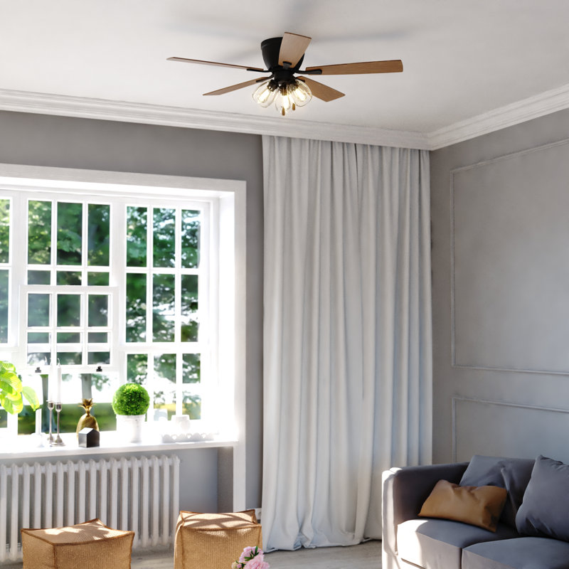 Audronis 52 in. Black Indoor Low Profile Flush Mount Transitional Ceiling Fan with Reversible Black-Dark Oak Blades, LED 3-Light Kit and Pull Chain Included, 3 Speeds, Clear Seeded Glass Shade