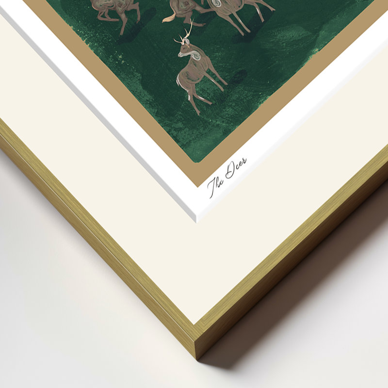 Mod-Ensemble The Deer par ChiChi - impression d'art minimaliste vert foncé avec cerfs | H 36 po x l 48 po | Cadre doré, Doré