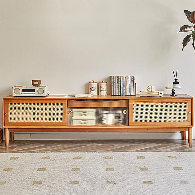 78.74" Nut-brown Solid Wood+Rattan+Glass TVStands, Burlywood, 70.87"