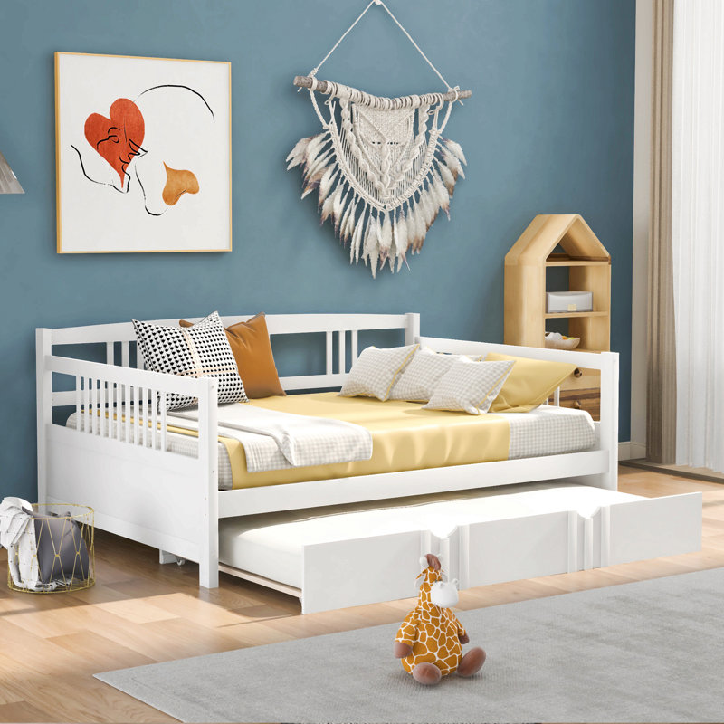Lit de jour double en bois avec lit gigogne simple, Blanc
