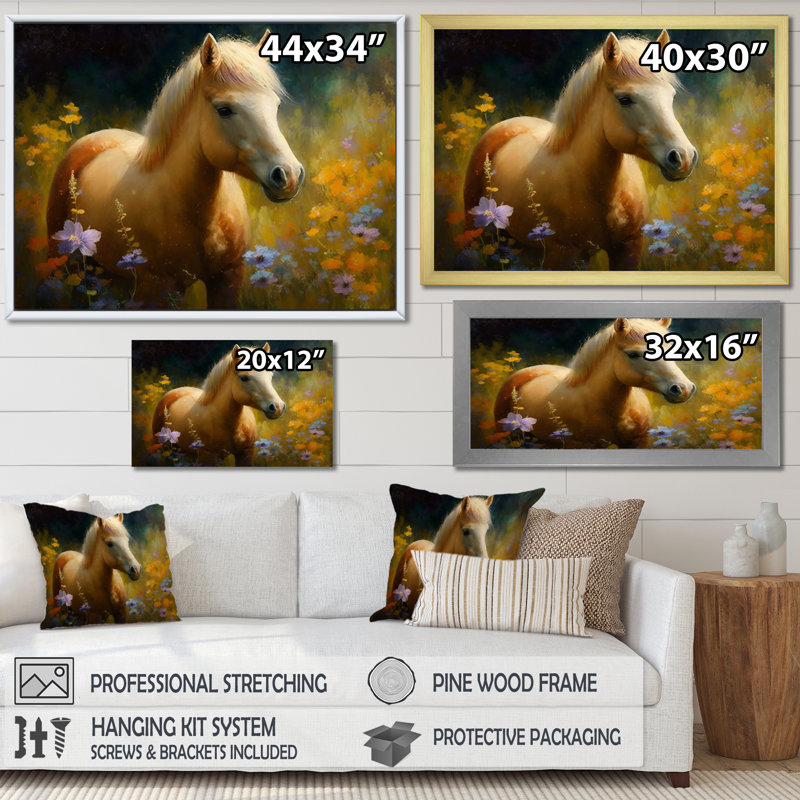 Poney doré dans un pré de fleurs I, H 30 po x l 40 po x P 1,5 po, Toile tendue