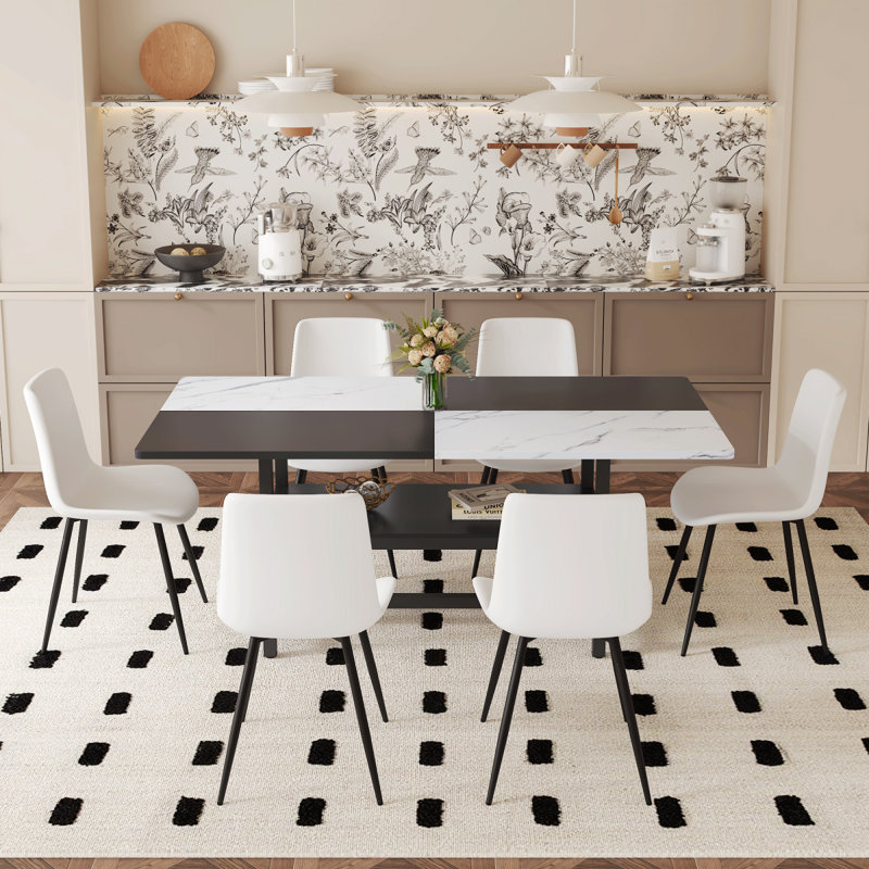Ensemble de table et de chaises 71 x 35,4 pouces avec table de salle à manger épissée blanche et noire avec fonction de rangement au milieu des pieds de la table.