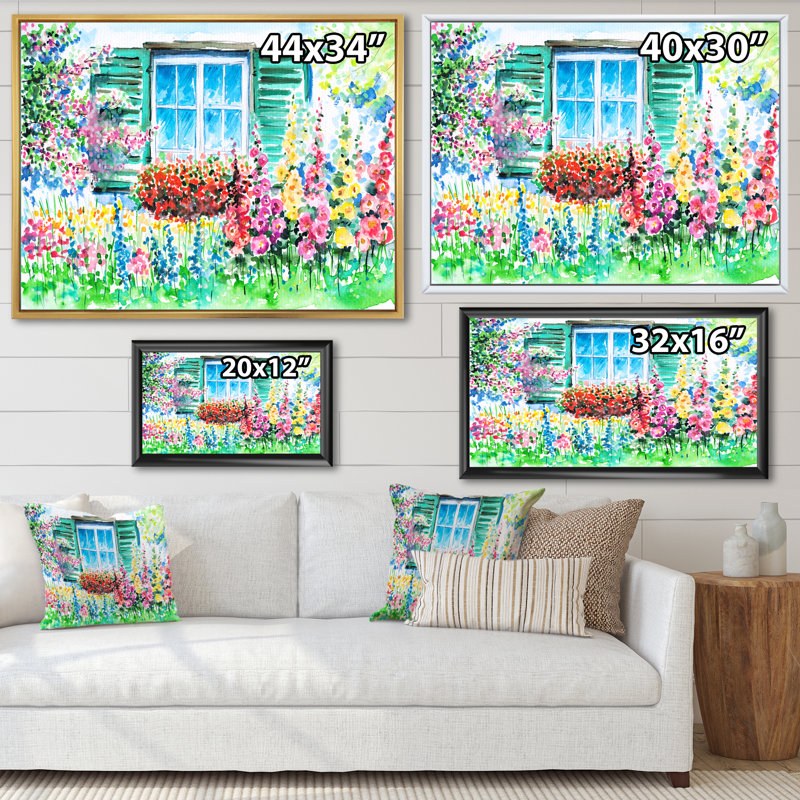 Géranium rouge devant une fenêtre bleue - peinture sur toile, H 12 po x l 20 po x P 1 po, Cadre flottant blanc