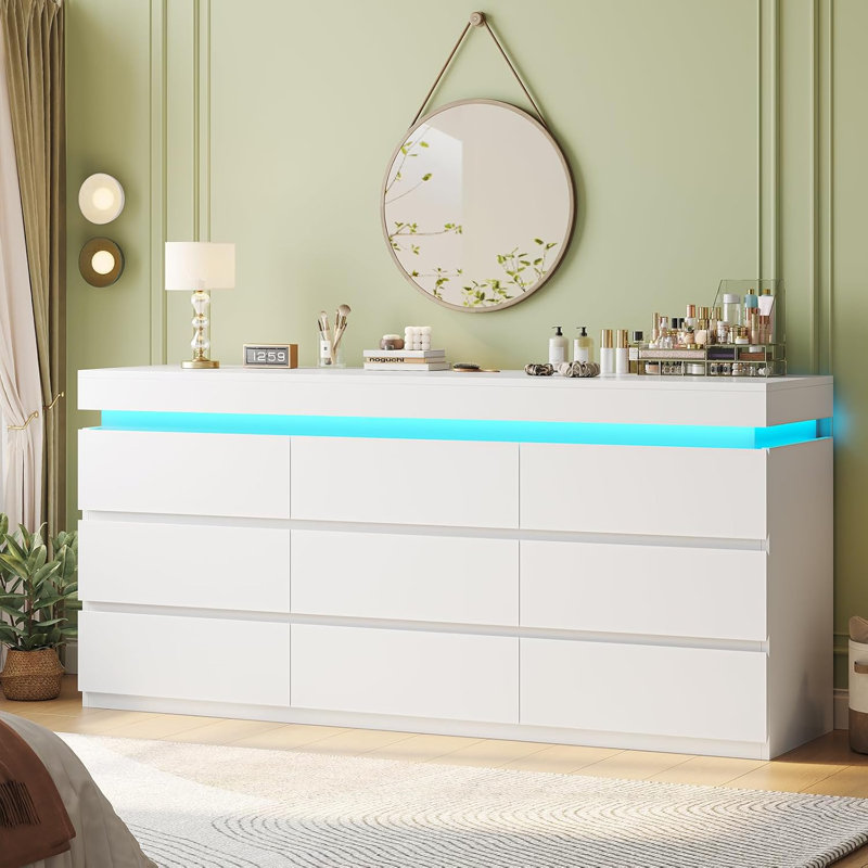 Commode 9 tiroirs avec éclairage à DEL, commode moderne pour la chambre à coucher, commode longue avec tiroirs pour le salon, le vestibule, le couloir