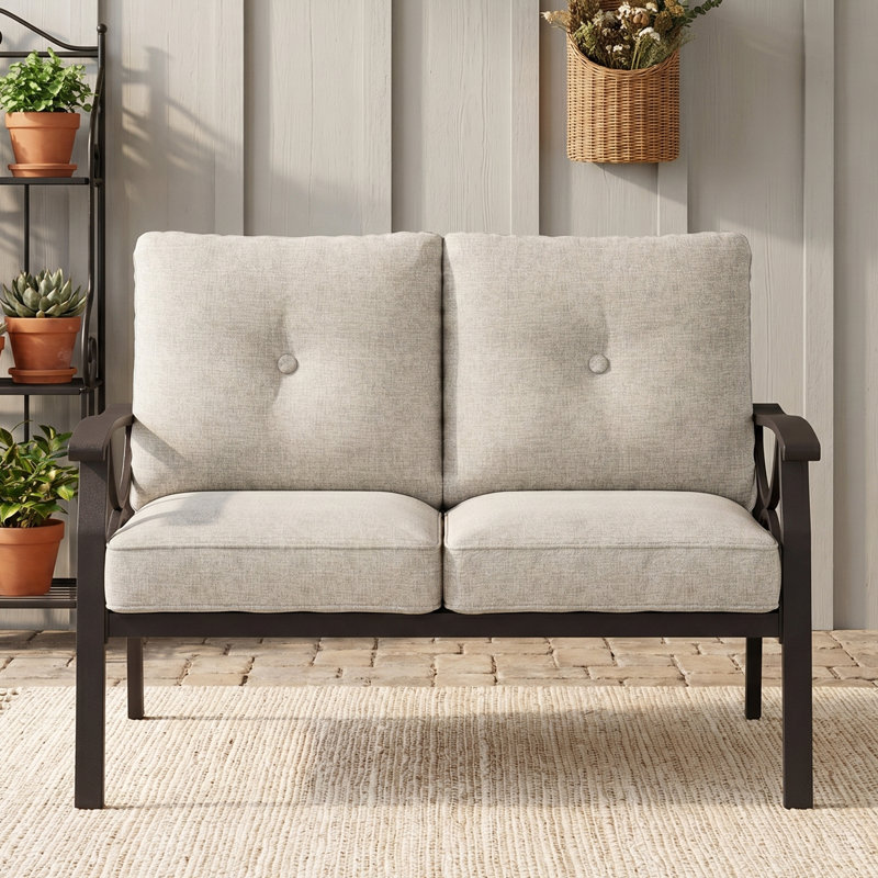 Dorisann Outdoor Metal Loveseat Coffee, Coffee Frame/Khaki Cushion
