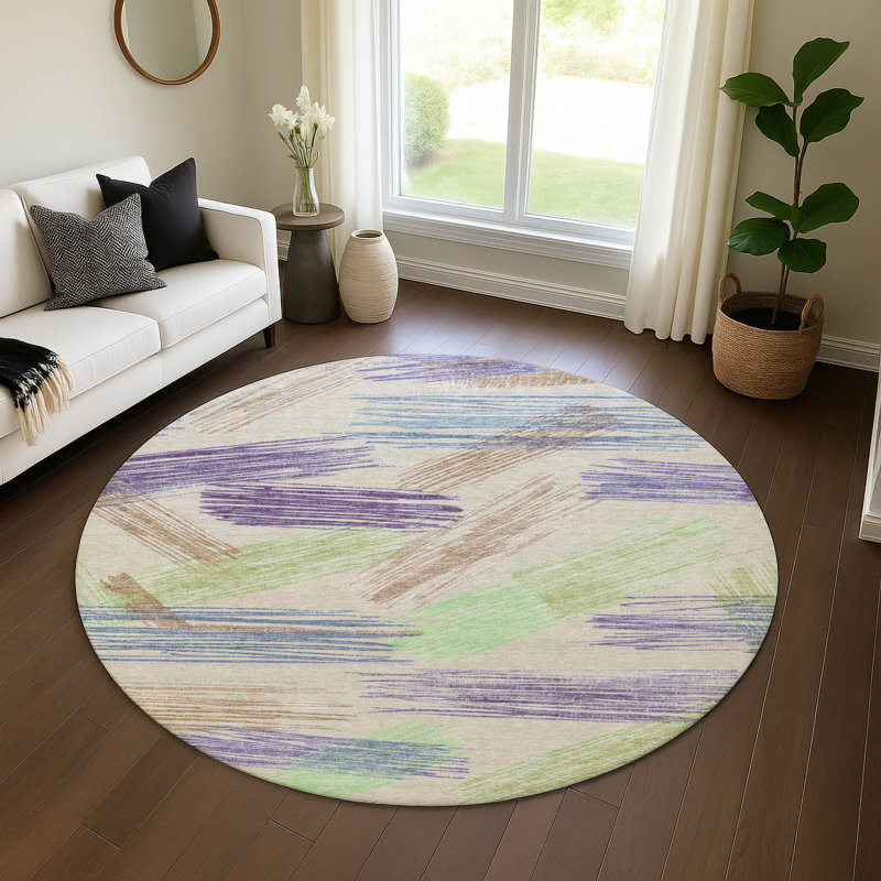 Premium Machine Washable Mehara AMF1696 Stripes Rug, Round 8'
