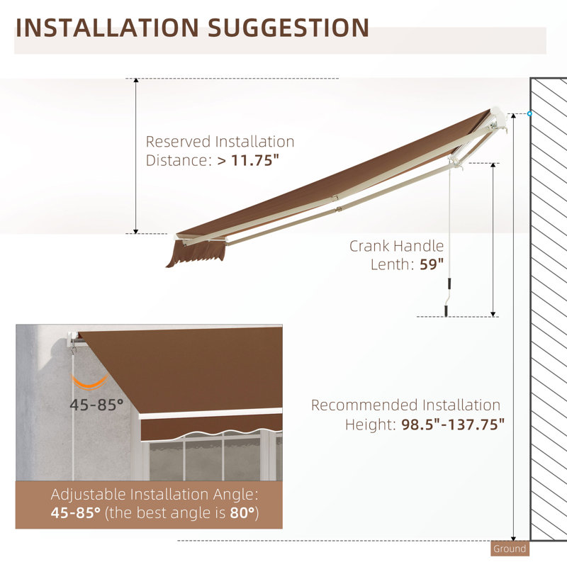 Patio Awning, Canopy Retractable Sun Shade Shelter W/ Manual Crank Handle For Deck, Yard, H 59 po x l 10 po x P 8 po, Café