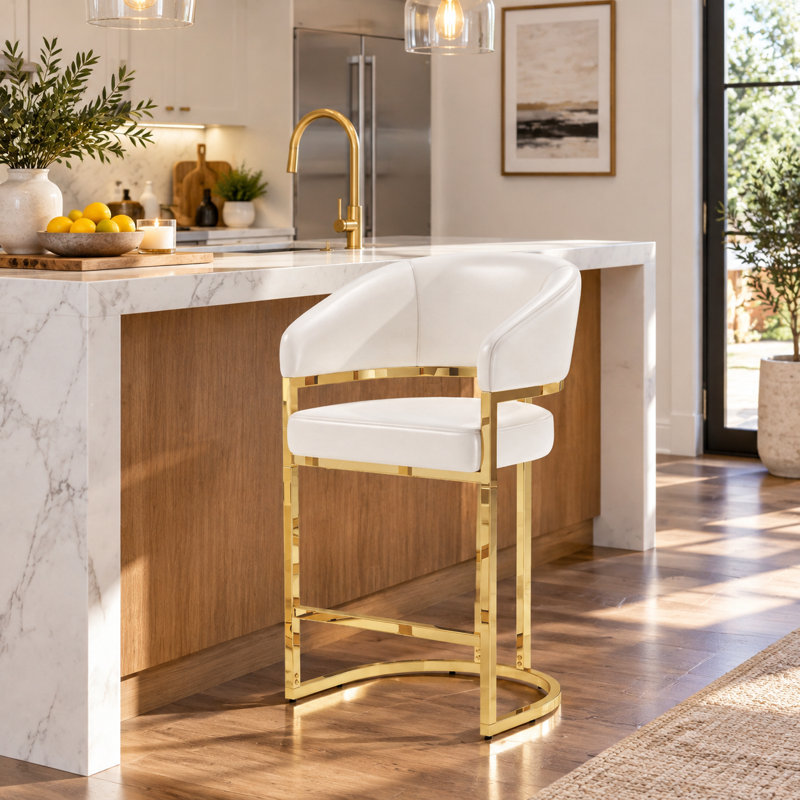 26 Inch Metal Upholstered Counter Barstools, Gold, White, 1