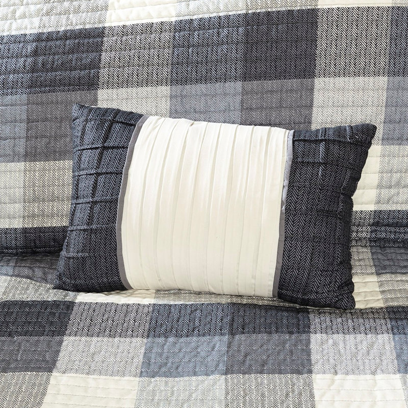 Grey 6 Piece Quilt With Printed Herringbone And Buffalo Plaid, Channel Quilting, Hand Stitched On Decorative Pillows For Charm Handmade Pillows, Quilting Effect