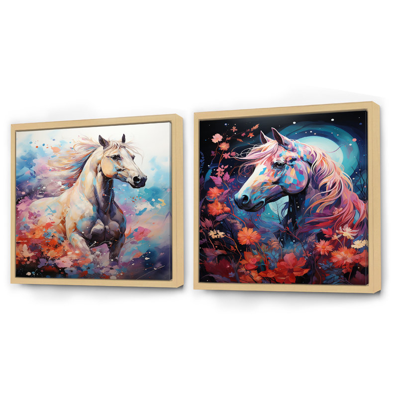 Cheval coloré enchanté - ensemble de 2 animaux carrés, Cadre flottant brun, H 30 po x l 61 po