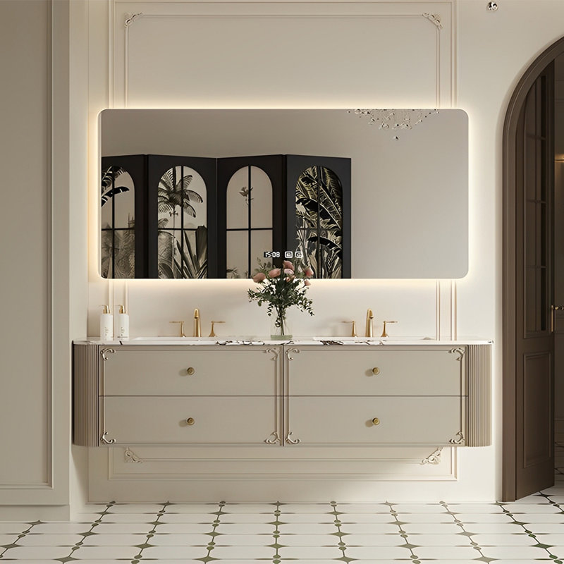 Armoire de salle de bain à double cuve de style rétro, Beige gris, 21.65" H x 55.12" W x 21.65" D