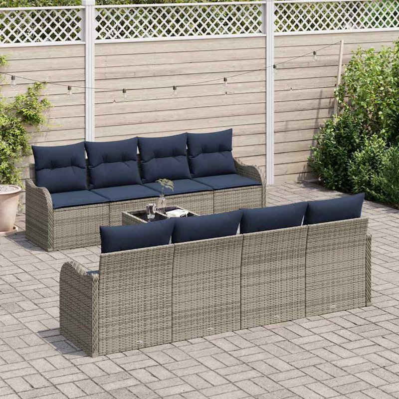 Ensemble de canapé de jardin Vidaxl 9 pièces 55 x 55 x 37 cm en rotin gris, Coussin bleu marine / structure grise