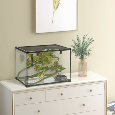 Réservoir de terrarium de 14 gallons avec trousse de décoration, Boîtier en verre à 360 °, verrous sécurisés, alimentation en air frais pour divers ornements de contenants, gallon, terrarium, plateau en filet aéré, lézards, grenouilles, serpents,