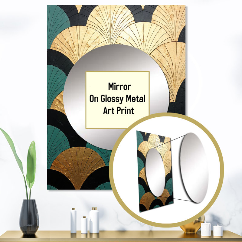 Morelia Emerald And Golden Arches - Abstract Shapes Large Wall Mirror, Gold Unique Mirror, Printed Metal Art, 40" x 30"