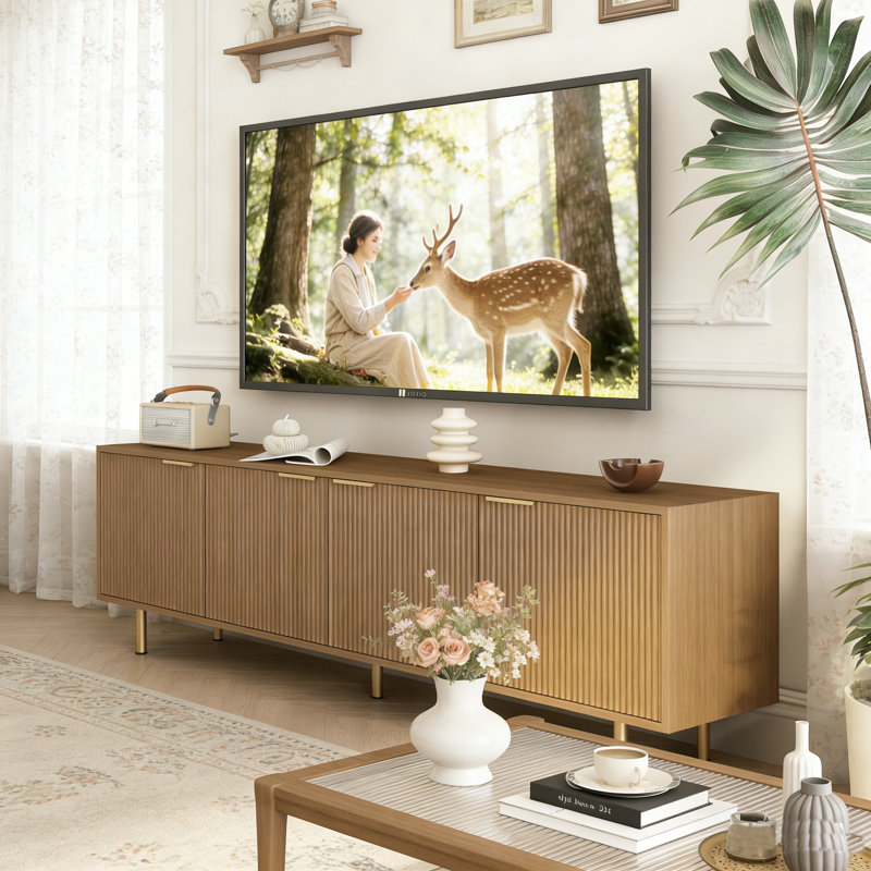 Modern Fluted TV Stand For 65",Entertainment Center With Storage Cabinet, Wood