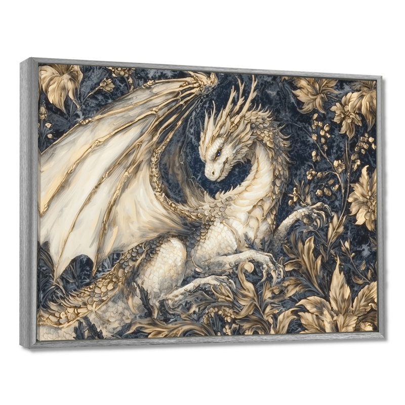 «Majestic Dragon Lair - Dragons», art mural, H 12 po x l 20 po, Cadre flottant sans passe-partout, Argent argent