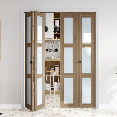 Porte pliante double 48 po x 80 po, 3 carreaux en verre dépoli, bois massif, avec quincaillerie d'installation
