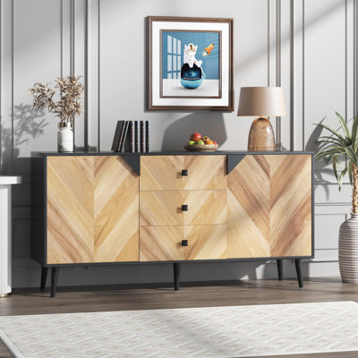  55.1 Inch 3 Drawer Storage Cabinet with Adjustable Shelf & Doors, Modern Sideboard Buffet Cabinet with Storage, Free Standing Accent Cabinetry for Dining Room, Entryway