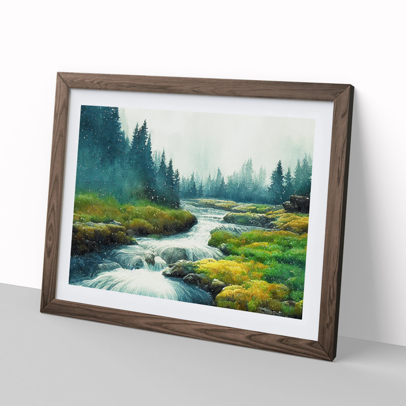 Summer Forest Stream Vol.3 - Single Picture Frame Painting, 34cm H x 46cm W x 2cm D, Walnut