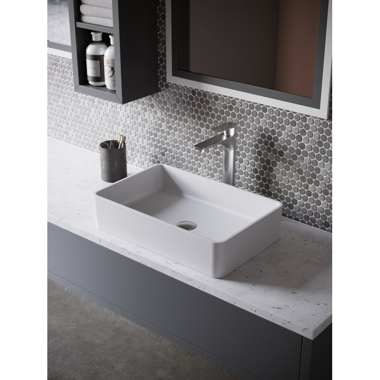 Karran Quattro Matte White Acrylic 21 In. Rectangular Bathroom Vessel Sink With Faucet and Drain