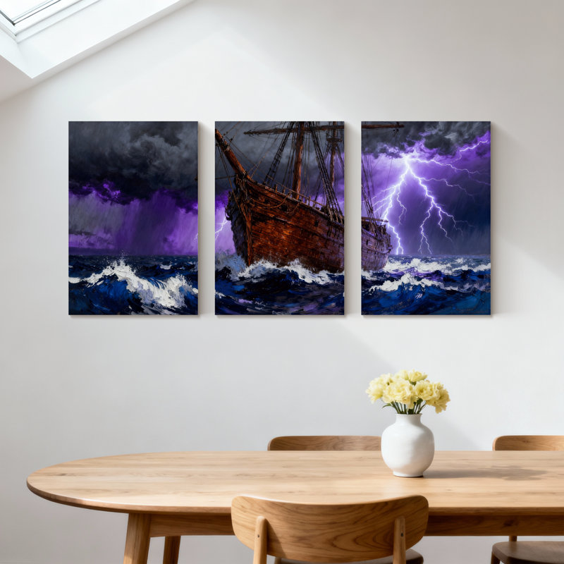 «Nautical Stormy Sea Ship Lightning Purple Sky Waves», ensemble de 3 impressions sur toile, H 18 po x l 36 po