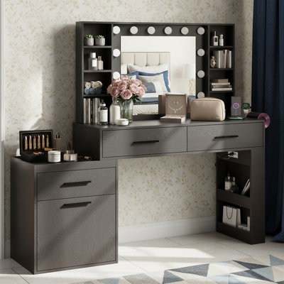 Modern Large Vanity Desk with Mirror and Lights, Makeup Vanity with 3 Color Light Modes, Vanity Table with 3 Drawers, 6 Shelves, 2 Side Shelves & Larg by Latitude Run