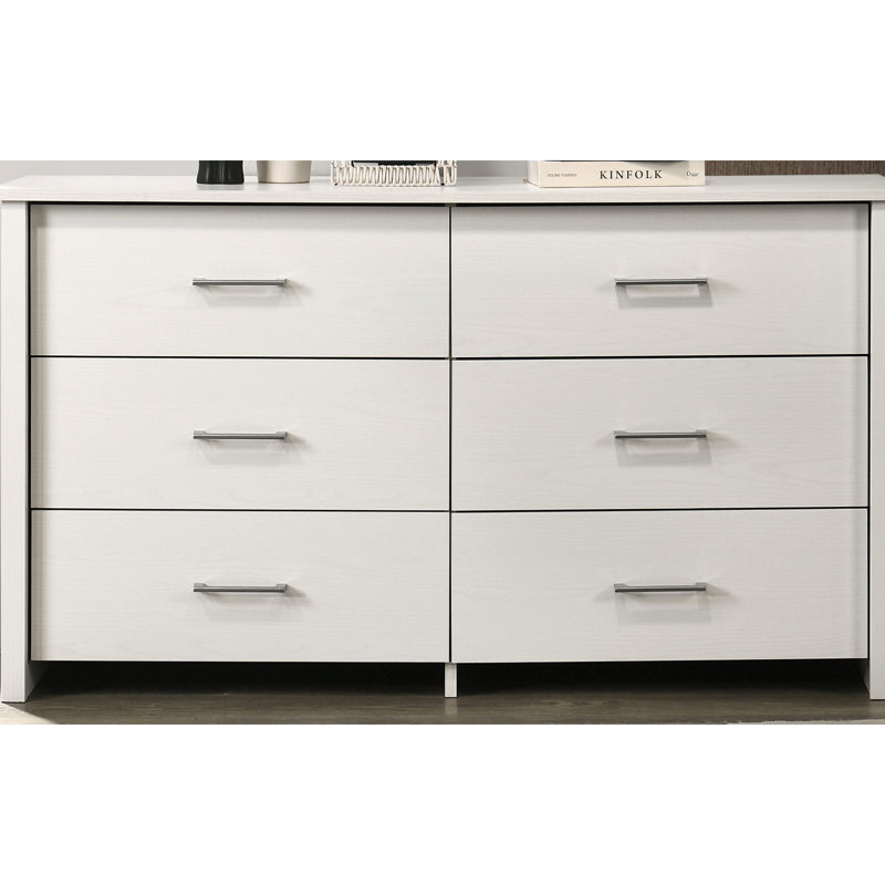 Commode 6 tiroirs avec poignées argentées Celeste, Blanc