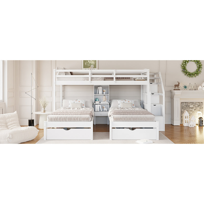 Triple lits superposés peu encombrants, bois de pin blanc avec rangement et tablettes polyvalentes