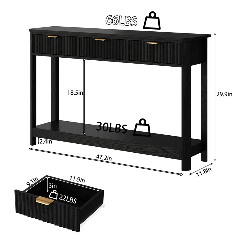 Denise 47.2" Console Table with 3 Fluted Drawers, Black