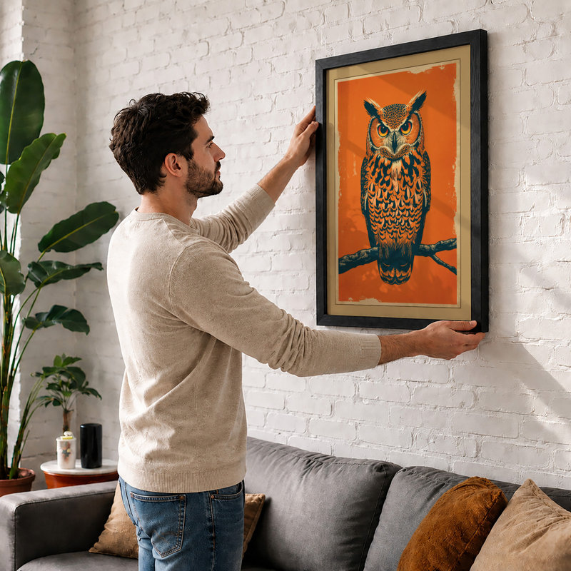 Centered Owl Mid-Century - Framed Print, A1 - 84.1 x 59.4 cm, Black