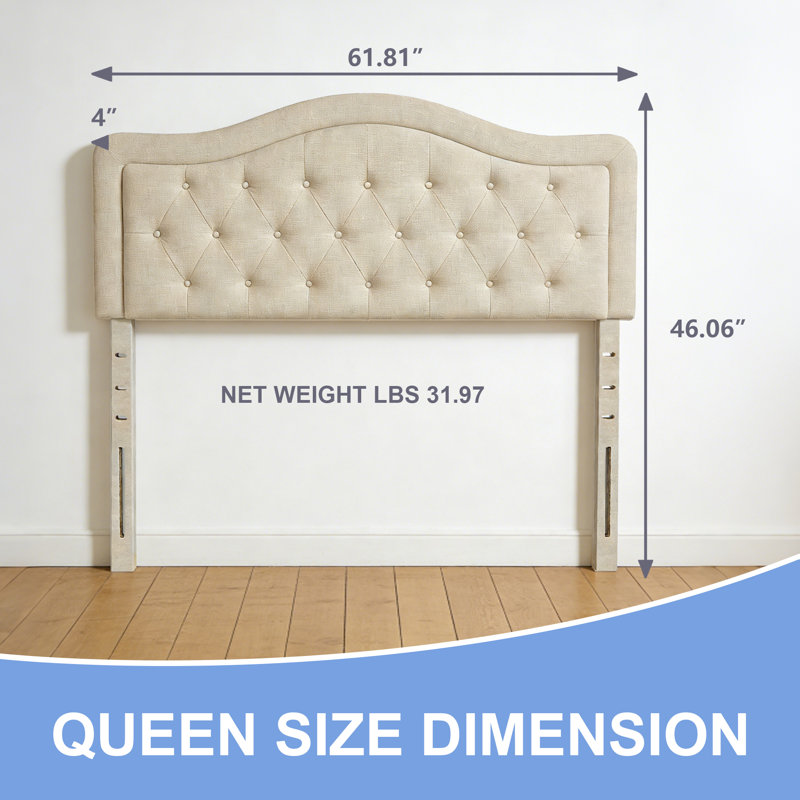 Adjustable Headboard with Fine Linen Upholstery and Button Tufting for Bedroom, Beige, Queen