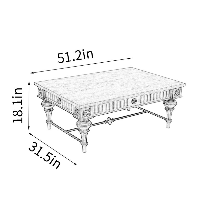 Square made old carved coffee table, 18.1" H x 51.2" L x 31.5" W