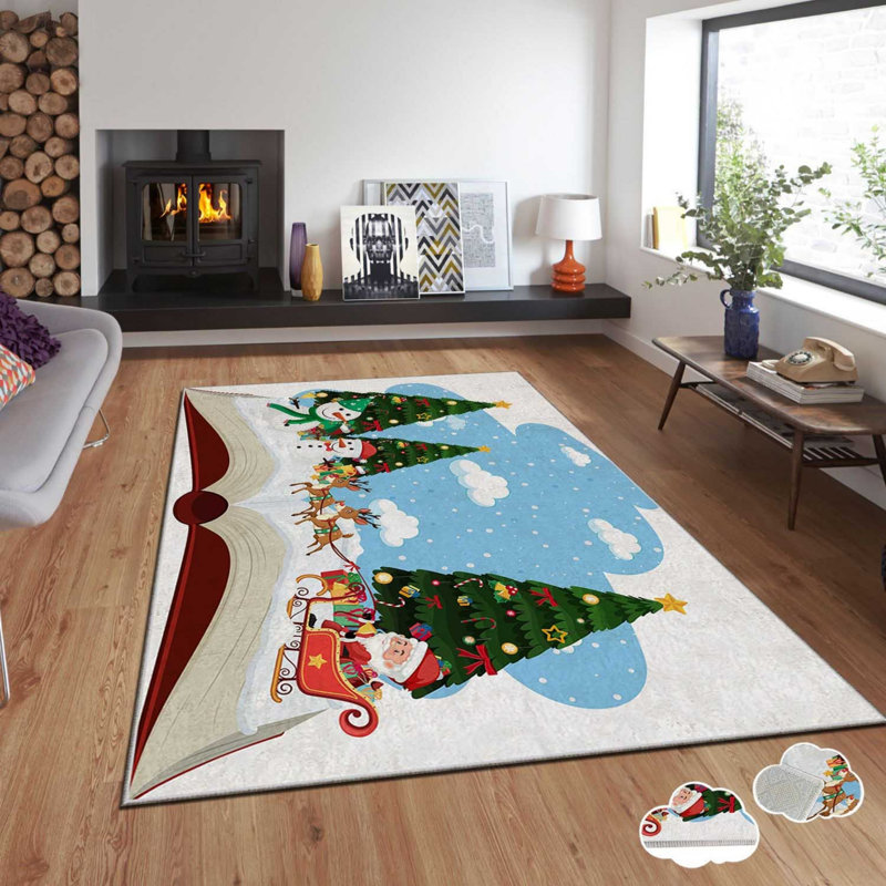 Tapis rectangulaire tissé à la machine en polyester blanc / bleu / vert Broyles, Rectangle 3 pi 3 po x 4 pi 7 po