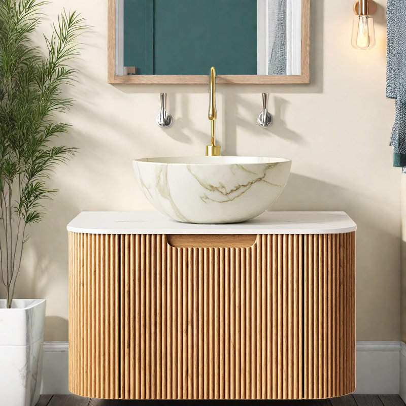 Meuble-lavabo flottant moderne avec lavabo, finition bois, petits espaces