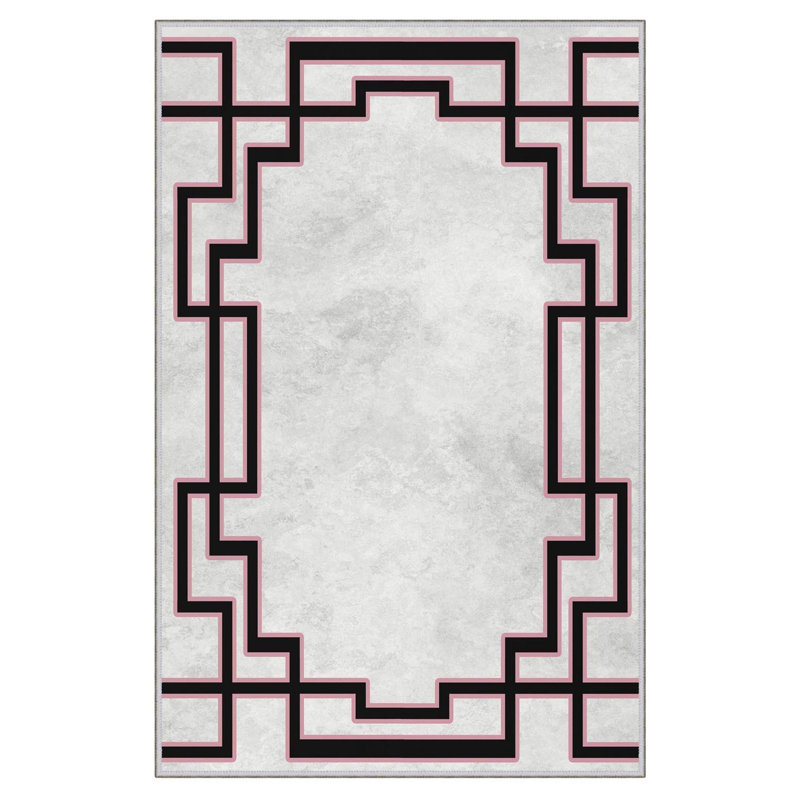 Tapis noir / rose en polyester tissé à la machine 5 pi 3 po x 7 pi 7 po